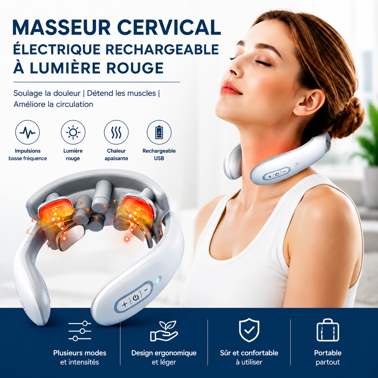 Masseur Cervical Électrique — Soulagement Rapide des Douleurs au Cou | Lumière Rouge + Chaleur